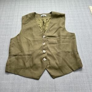 Katch Me Vest Womens XXL Green Linen Blend‎ Button Up Y2K Utility Chic Split Hem